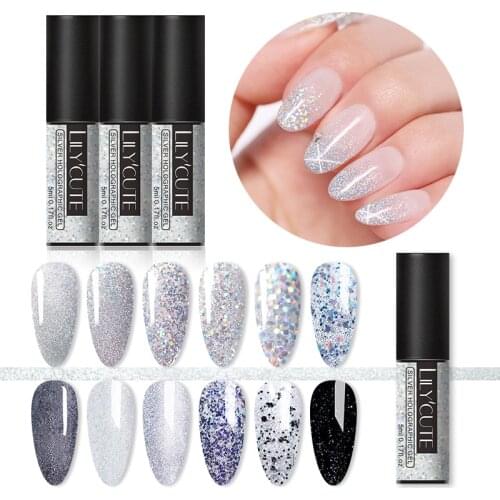 LILYCUTE 5ml Silver Sequins Color Series Gel Nail Polish Glitter Shining Semi Permanent Soak Off UV Gel Nail Art Design Varnish