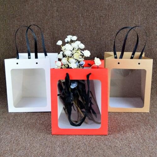 Kraft Paper Hand Bags With Handles Portable Gift Bag Flower Package Cases Flower Containers With Clear Windows Packaging Bag Dec