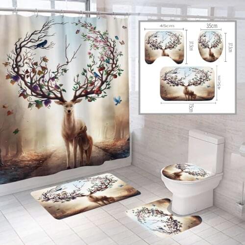 Beautiful Elk Shower Curtains Set Bath Mat Set Toilet Cover Waterproof Bathroom Shower Curtain And Rug Sets Dropshipping