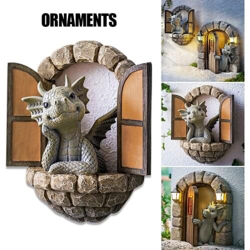 Lovely Courtyard Dragon Sculpture Resin Window Shape Statue Wall Art Home Outdoor Decoration Garden Terrace Balcony Decor