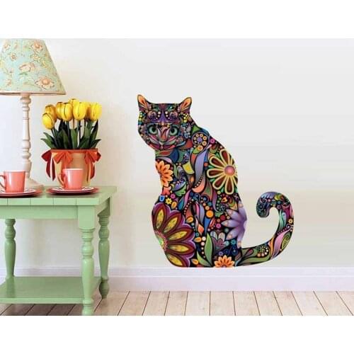 Creative Ethnic Unique Flower Print Cat Wall sticker Decals Home Living Room Art Decor Murals