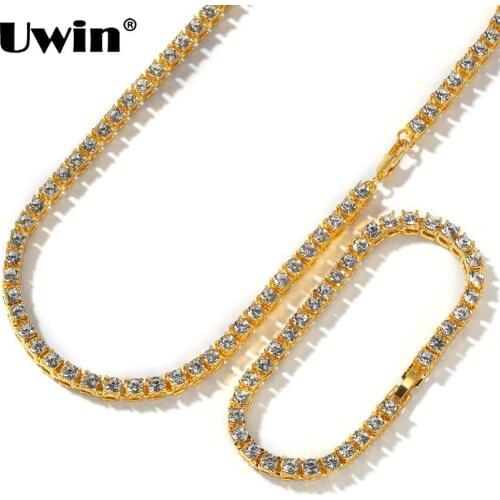 UWIN 1 Row Tennis Chains & Bracelet Fashion Hiphop Jewelry Set Gold /White Gold 5mm Necklace Full Rhinestones For Men Women