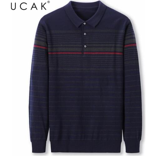 UCAK Brand Striped Sweaters Men Clothes Pull Homme Autumn Winter Streetwear Turn-down Collar Sweater Clothing Man Pullover U1087
