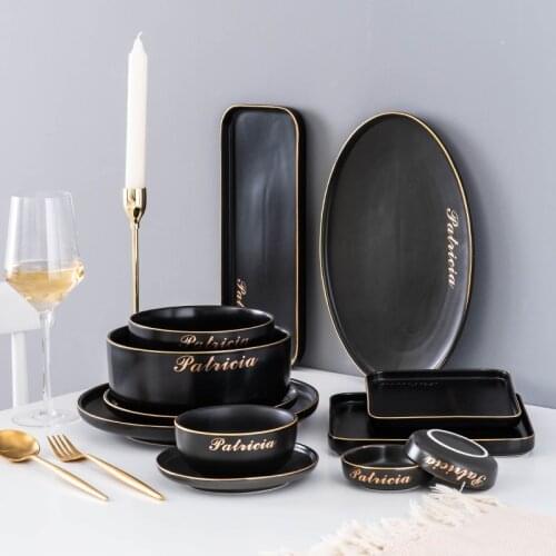 Nordic tableware dishes set 2~6 people cutlery set Black Cutlery Chinese Porcelain Dinnerware Plate Set