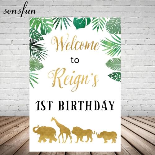 Sensfun Safari Jungle Backdrop Green Leaves Lion Elephant Giraffe Backdrop Boys 1st Birthday Party Backgrounds For Photo Studio
