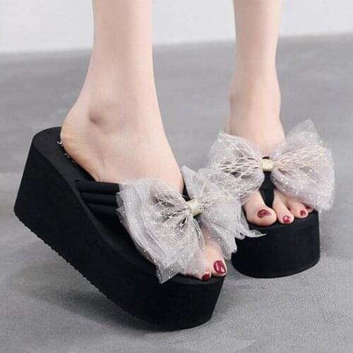 Fashion Bow Women Slippers Summer 11cm High Heel Slippers Female Platform Casual Beach Shoes Non-slip Flip Flop Sandals qq666