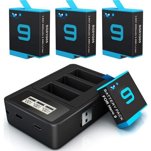 2000mAh replacement battery and 3-channel USB fast charger for GoPro 9 battery, Fully compatible with Gopro Hero9 black official