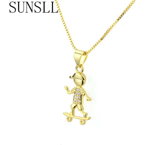 SUNSLL New Two color Copper Necklace Blue/White Cubic Zirconia Skater Boy Pendant Necklace for Children Fashion Jewelry Gift