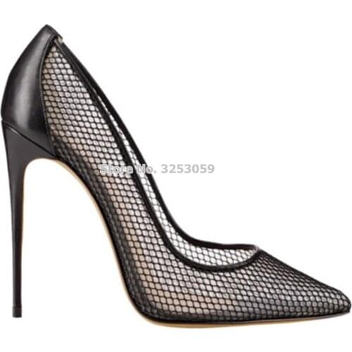 ALMUDENA Pointed Toe Mesh Hollowed Out 12cm Fine Womens High Heels Gold Black Patchwork Wedding Shoes Stiletto Heels Pumps