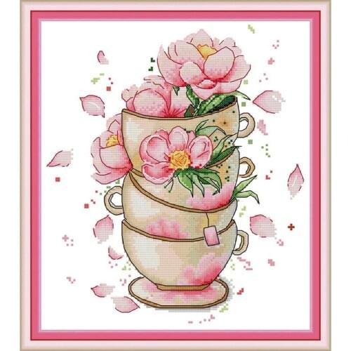 Everlasting Love Flower On Coffee Cup Chinese Cross Stitch Kits Ecological Cotton Stamped Printed 14CT DIY Christmas Decoration