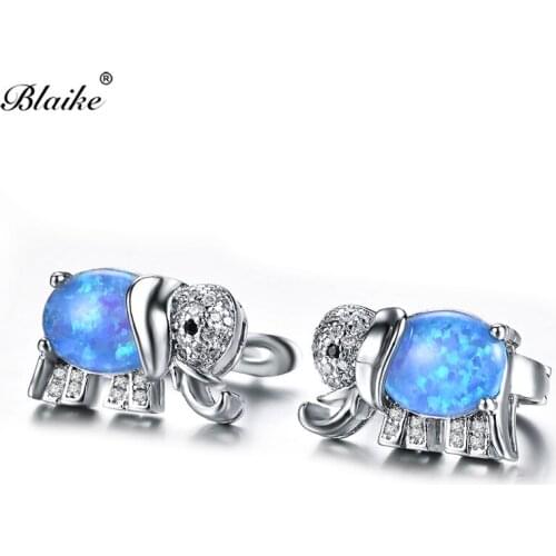 Blaike White/Blue Fire Opal Stud Earrings For Women Silver Color Earring Birthstone Fashion Jewelry Gifts