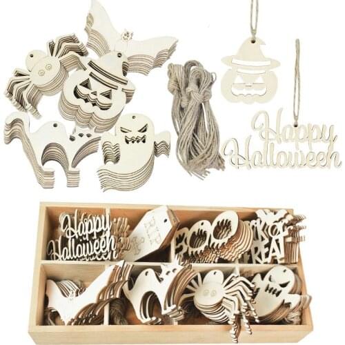 10Pcs Happy Halloween Bat Spider Pumpkin Wood Chips Halloween Party Decoration DIY Wooden Craft Hanging Ornaments Pendant