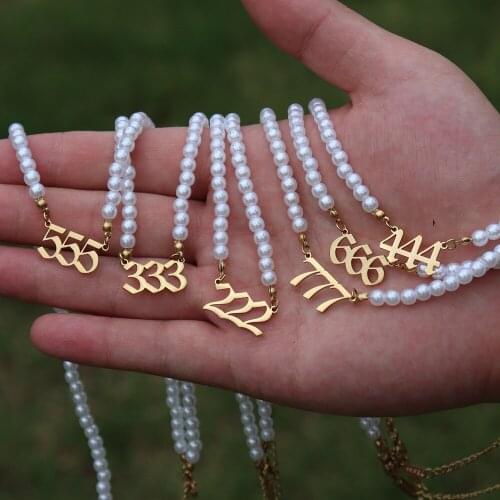 10 pcs Simulated Pearl Clavicle Necklaces For Women Girl Angel Number 444 888 999 666 Numerology Jewelry Devil number Necklace