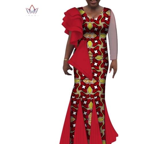 African Women Wedding Party Dress Bazin Riche African Clothing V Neck Print Long Dress Bridesmaid Dress Engagement Dress WY7278