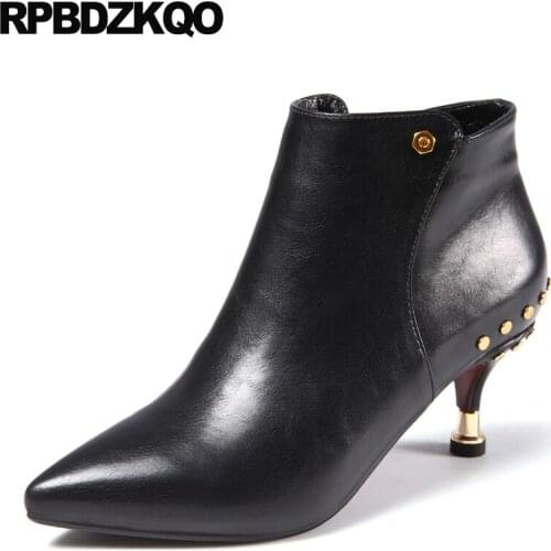 Stiletto Pointed Toe High Heel Booties Fall Black Rivet Shoes Casual Waterproof Stud 2021 Zipper Women Ankle Boots Medium Metal