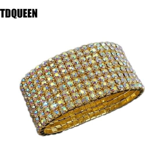 9-Row AB Crystal Stretch Bangle Bracelets Colorful Iridescent Stone Gold Color Wedding Bracelet for Women