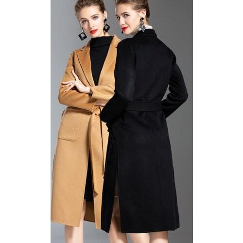 Long woolen blends cashmere coats for women 2019 autumn winter ladies jackets plus size overcoat double sided black beige belt