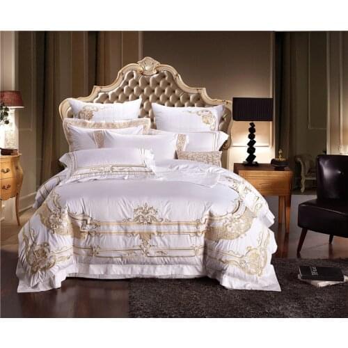 European Style Egyptian Cotton Embroidery White Bedding Set Duvet Cover Sheet Pillowcase King Queen 4/6/8/10 Pcs