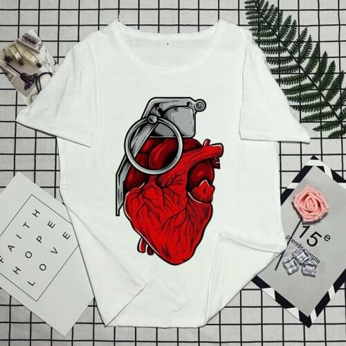 Harajuku Bomb heart flower print womens T-shirt fashion casual short-sleeved T shirt summer 0-collar tops white Tshirt clothing