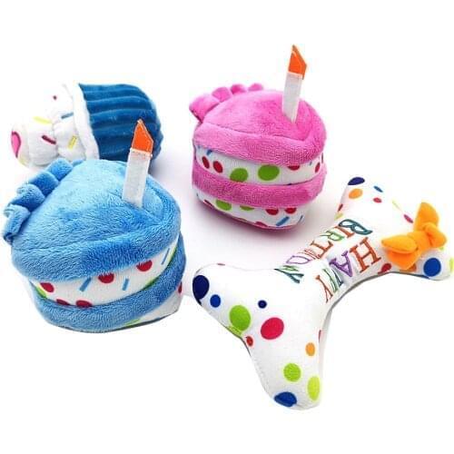 Birthday Cake Shape Dog Plush Toys Cute Soft Stuffed Squeaky Molar Training Chew Puppy Cat Toy Pet Accessories Supplies