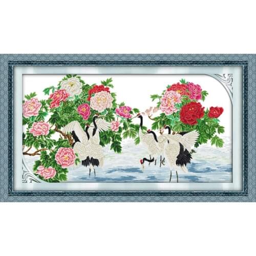 Everlasting Love Peonies And Dancing Crane Chinese Cross Stitch Kits Ecological Cotton Stamped 11CT DIY New Decorations For Home