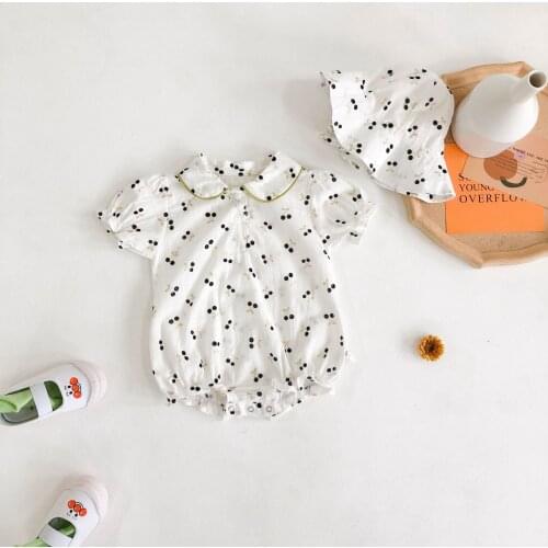 Adorable gold cherry printing pattern jumpsuit for girls romper summer short sleeve infant kids bodysuit toddler overalls onesie