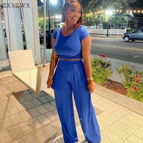 ZKYZWX Rib Two Piece Set Short Sleeve Crop Top High Waist Wide Leg Pants Vacation Outfits for Women Summer LoungeWear Clothes