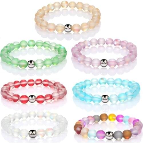 Round Mystic Rainbow Glass Beaded Stretch Bracelet 8mm Matte Moonstone Beads Elastic Bracelet Wristband Women Jewelry