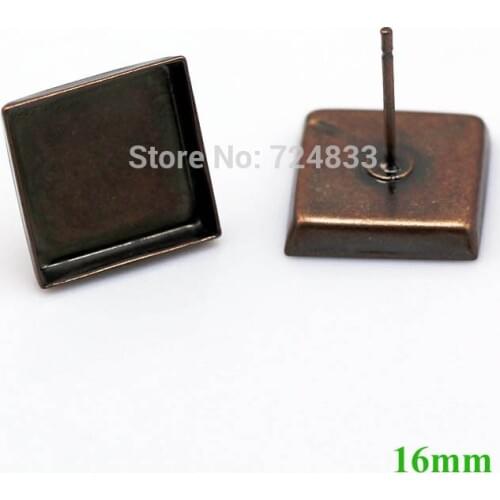 16mm Antique copper tone Plated Blank Earrings Base Square Deep Bezel tray Stud Earrings Post Settings Crafts Findings Wholesale