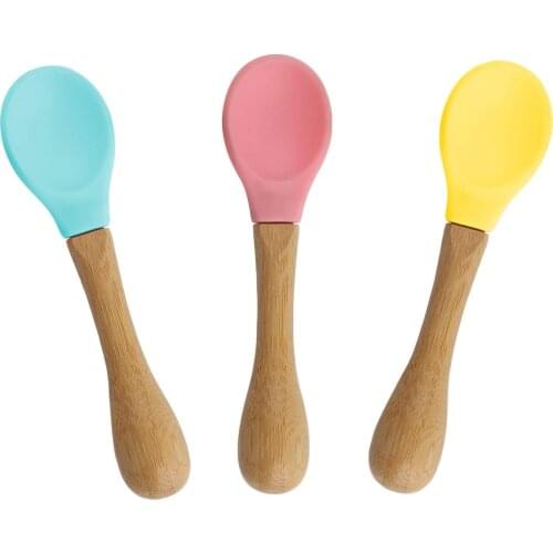 Infant Self Natural Bamboo Baby Spoons Soft Silicone Weaning Utensils First Feeding Self BPA Free 3 Pieces