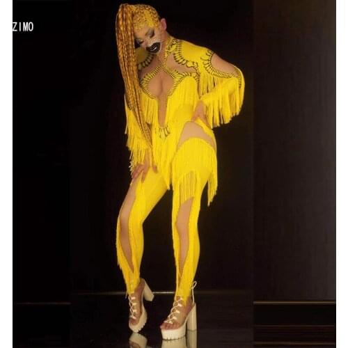 Stage Performance Tassel Sexy Jumpsuit Women Tights Yellow Dance Costume Nightclub Bar Dj Singer Performance Costume Designer