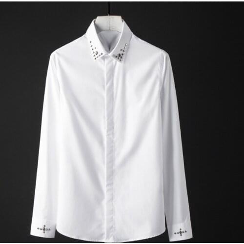 Mens Shirts Luxury Metal Rivet Collar Long Sleeve Mens Dress Shirts Plus Size 4xl Slim Fit Casual Party Nightclub Shirts Man