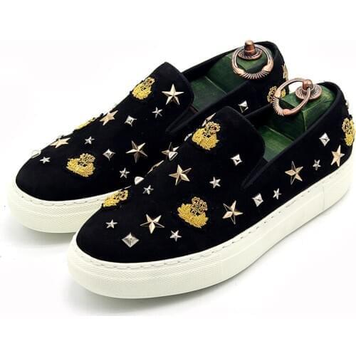 High end Handmade Men Loafers casual Flat heel printing Pentagram rivet Cow Suede leather Mens Driving Boats Size euro 39-45