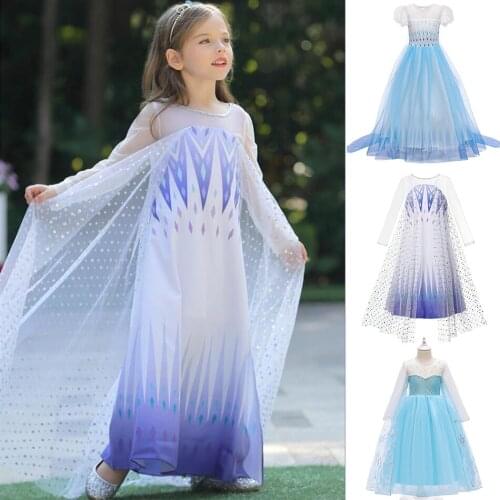 Girls Fantasy Anna Elsa 2 Princess Dress Snow Queen Costume White Sequins Summer Halloween Clothes Elza Long Gown Cosplay Frock