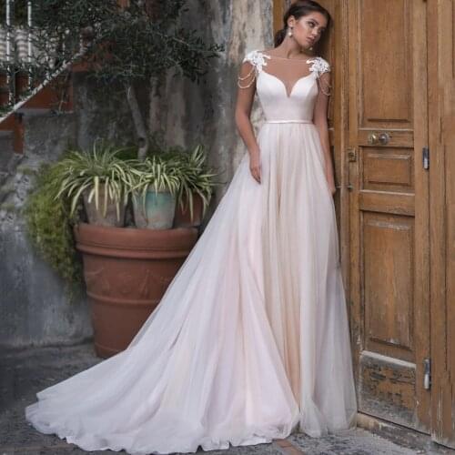Scoop Cap Sleeve Appliques 3D Flowers Backless Tulle A-Line Wedding Dress 2021 Vestido De Noiva Bridal Gown