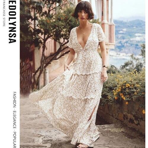 Sexy Deep V-Neck Long Dress 2021 Summer Boho Dress Printed Ruffles Side Split Dresses Floral Maxi Dresses For Women Y37