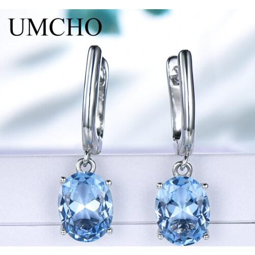 UMCHO Solid Silver 925 Created Nano Topaz Sky Blue Gemstone Clip Earrings For Women Birthday Gifts Charms Fine Jewelry