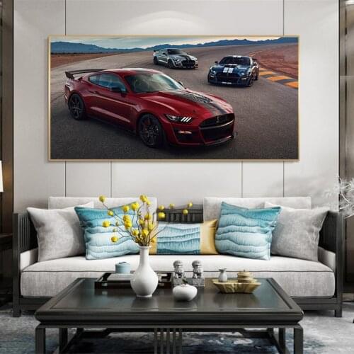 Modern Wall Art Oil Painting Supercar Ford Mustang Shelby GT500 Red Car Living Room Decoration Posters and Printed Photographs