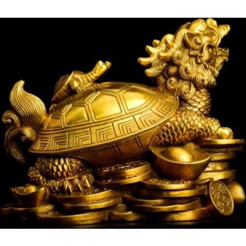 TOP GOOD # home protective- Talisman House Protection Money Drawing Dragon Turtle FENG SHUI Brass statue 26 CM