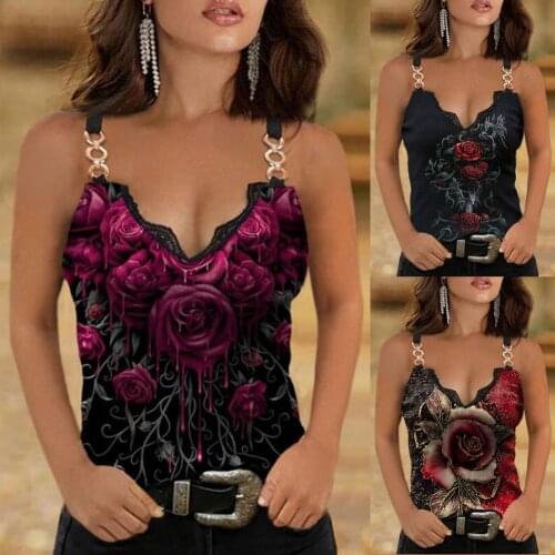 Streetwear Sexy Rose Print Patchwork Lace Camisole Women Top Patchwork for Party