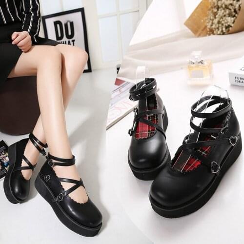 Japanese Sweet Lolita Princess Shoes Bandage Cute Bow Low Heel Round Head Black Flat Platform Shoes