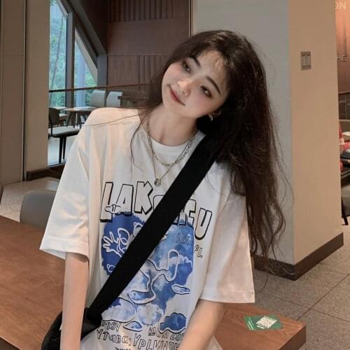 2021 summer Korean cartoon print loose mid-length short-sleeved t-shirt women loose casual all-match T-shirt