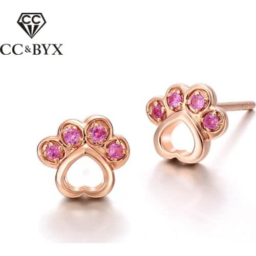CC Stud Earrings For Women Bears Paw & Heart S925 Sterling Silver Lovely Jewelry Pink Cubic Zirconia Pendients Mujer CCE336
