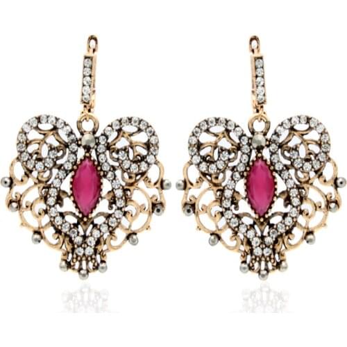 New Bohemia Hollow Flower Long Dangle Hook Earring For Women Antique Gold Color Damascus Pattern Arabia Bride Resin Drop Jewelry