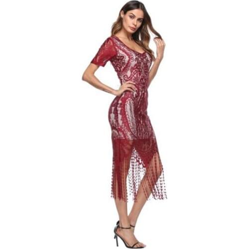 Summer Red wine Party Dress Elegant Club OL business clothing Vestidos Tassel V Neck Dress Women Spaghetti Short sleeve