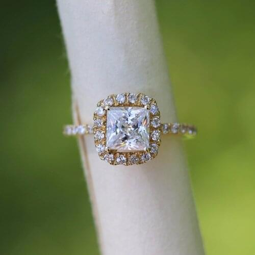 14K Yellow Gold Princess 3 Carat DF Moissanite Engagement Halo Ring with Small White Round lab Diamond Wedding for Women