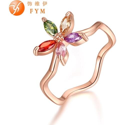 FYM Brand Female Rose gold color Flower Ring Fashion Colorful Zircon Jewelry Vintage Wedding Rings For Women Birthday Stone Gift