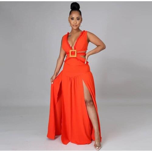 Women Dress Waist Band Cut Out Deep V Neck Sleeveless Criss Cross Backless Bohemian Holiday Dresses Summer