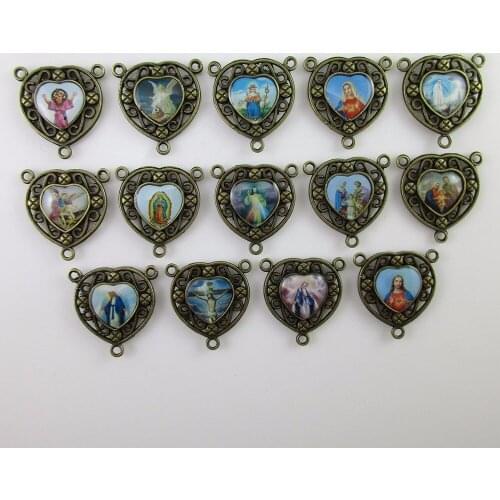 100pcs of Assorted Bronze Double Sided Heart Shaped Holy Family Divine Mercy Guadalupe Catholic Rosary Centerpieces