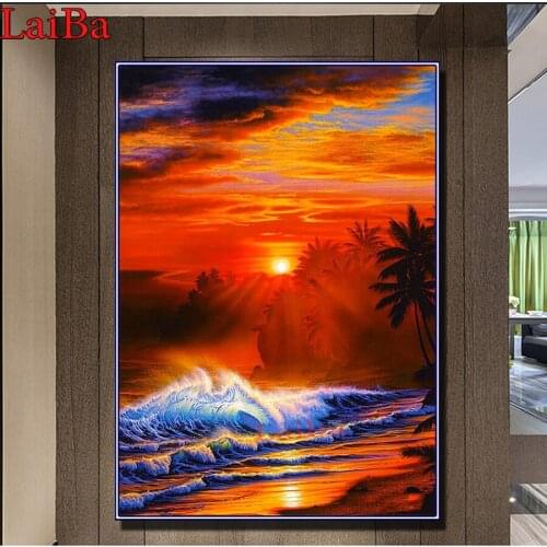 Diamond Embroidery Full Square round Sunset Sea Waves Diamond Painting Landscape Diamond Mosaic Rhinestones Picture Kits decor